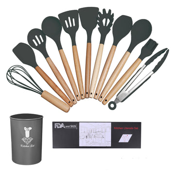 My Cook Ease Wooden Handle Silicone Utensil Set – 12 Pcs Non-Stick Kitchen Tools with Holder