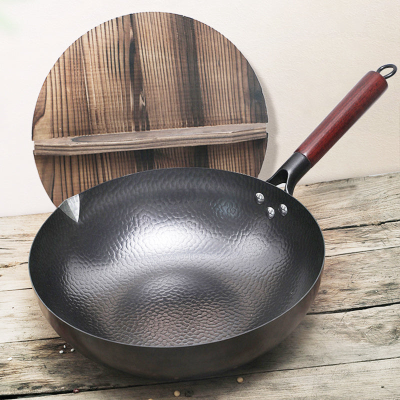 My Cook Ease Handmade Iron Wok – Traditional Non-Coated Pan with Wooden Handle & Lid