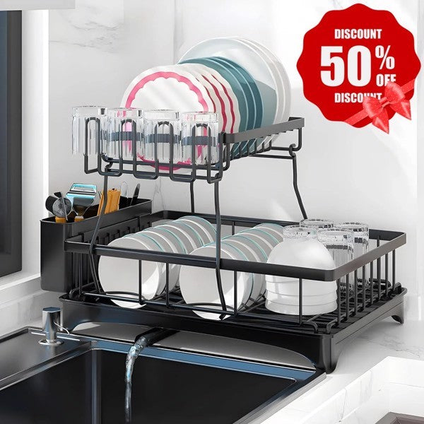 2-tier dish drying rack on a kitchen counter with plates and glasses, featuring a 50 percent discount banner