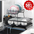 2-tier dish drying rack on a kitchen counter with plates and glasses, featuring a 50 percent discount banner