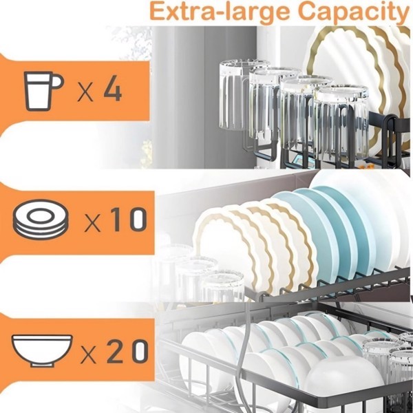 2-tier dish drying rack on a kitchen counter with plates and glasses, featuring a 50 percent discount banner