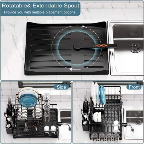 Rotatable and extendable spout dish drying rack shown from side and front views on a kitchen counter
